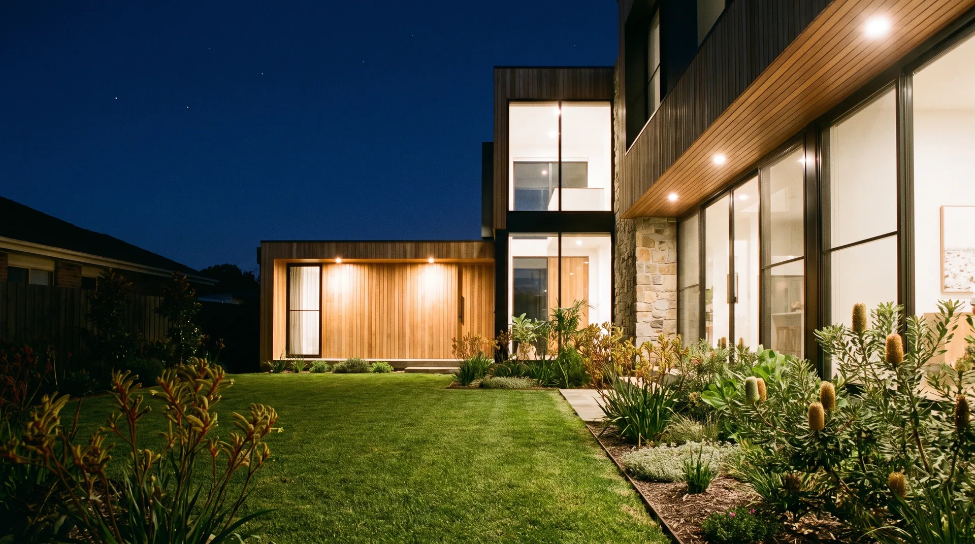 A coastal home lit at dusk, its garden beds running right up to the walls