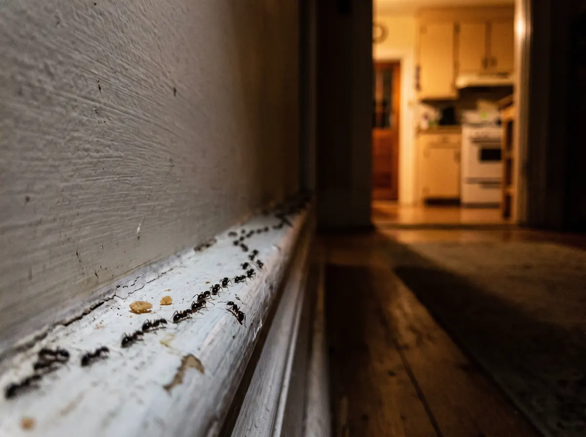 An ant trail along an interior skirting board, the kind an ant treatment cuts off at the nest