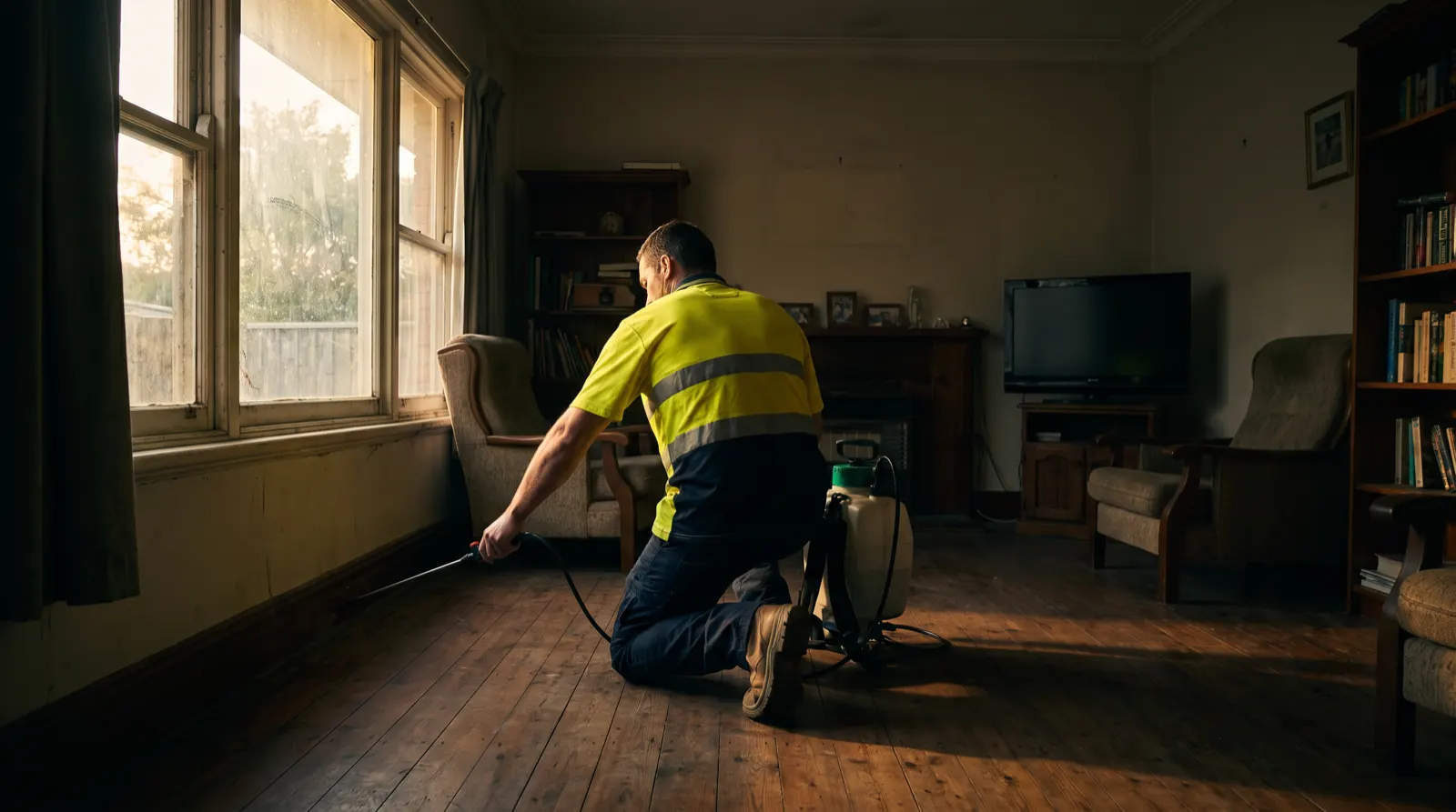 A technician treating along the skirting board of an older timber-floored lounge room