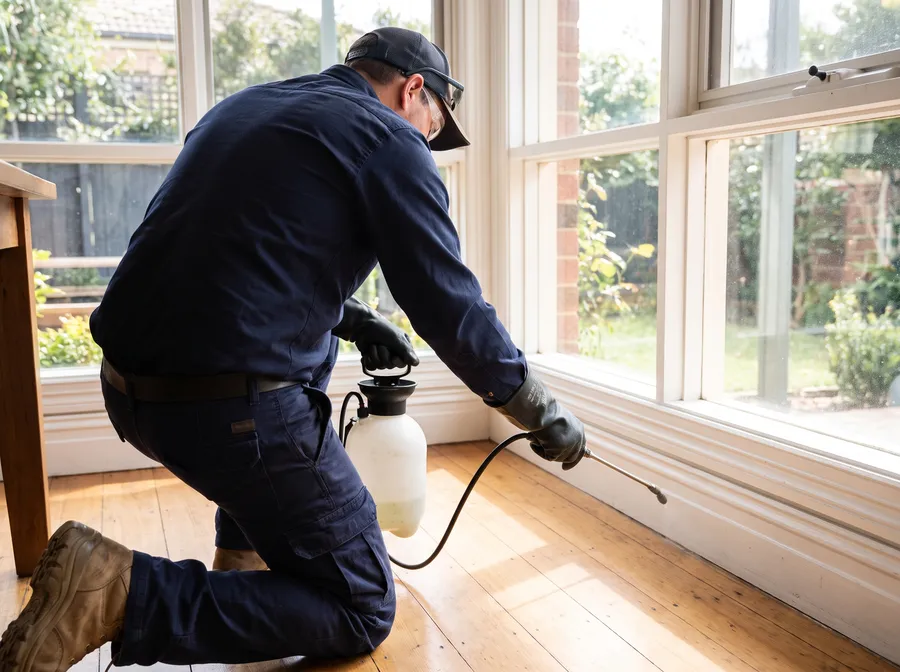 A technician applying low-pressure pest treatment along an interior skirting board